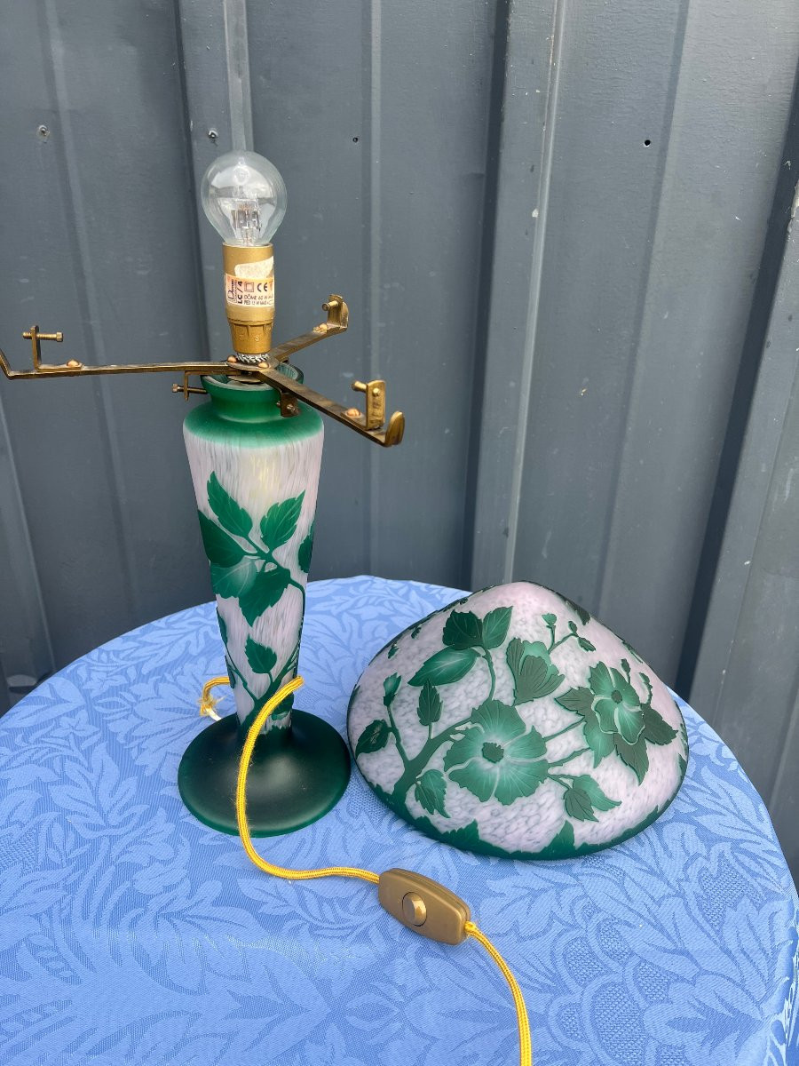Lampe Champignon, décor floral vert dégagé à l'acide, Vianne, XX S-photo-4
