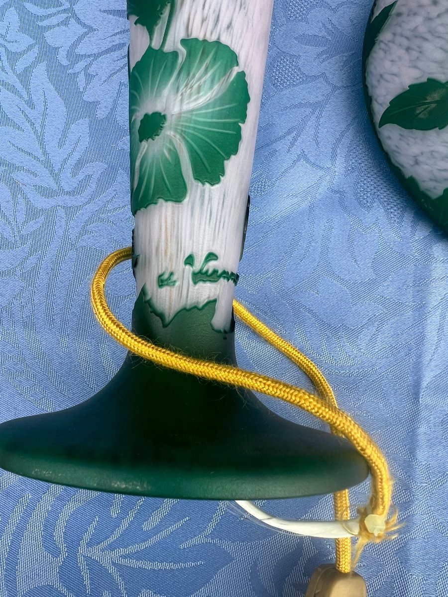 Lampe Champignon, décor floral vert dégagé à l'acide, Vianne, XX S-photo-1