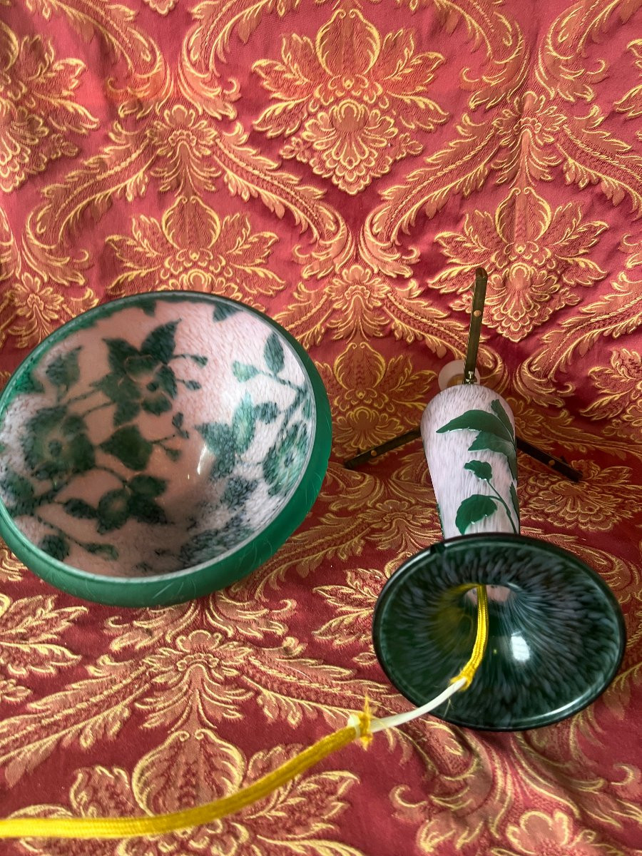 Lampe Champignon, décor floral vert dégagé à l'acide, Vianne, XX S-photo-2