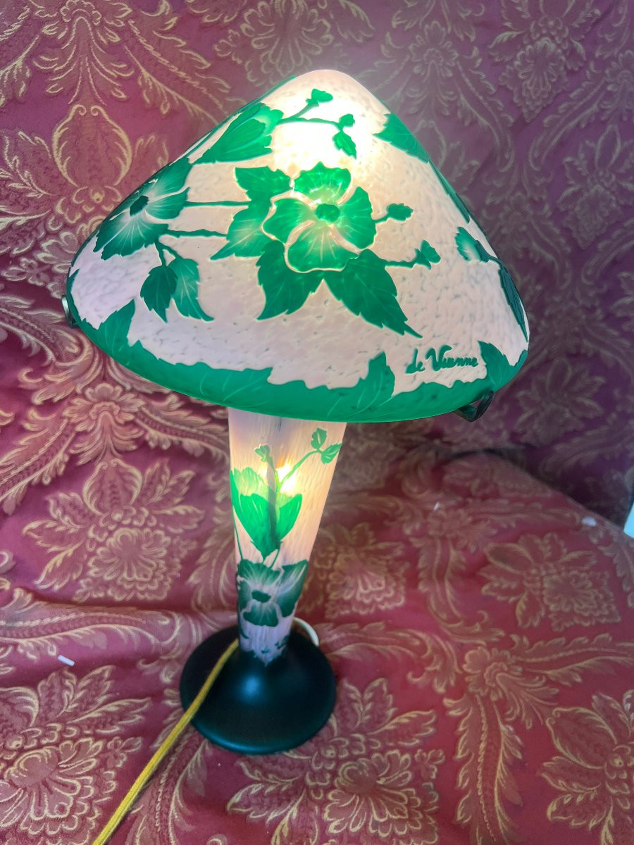 Lampe Champignon, décor floral vert dégagé à l'acide, Vianne, XX S-photo-5