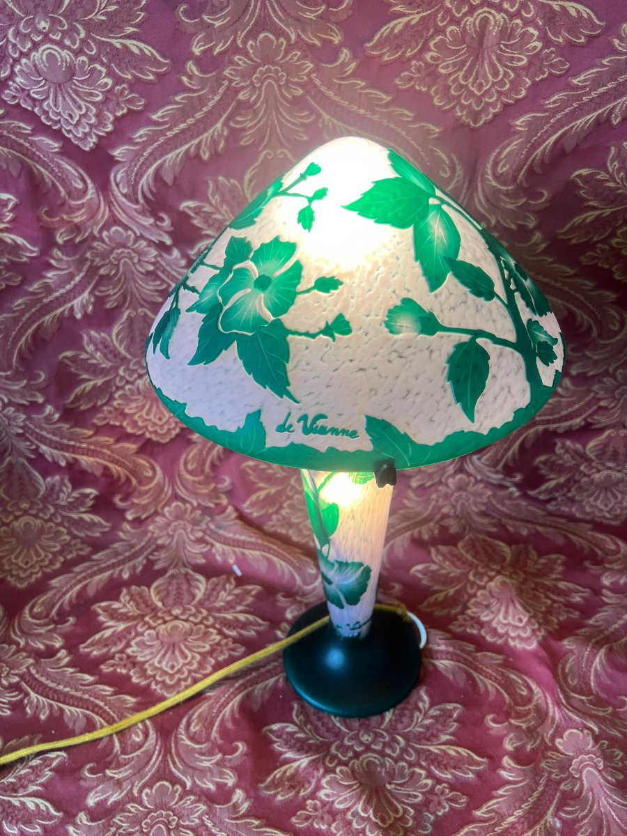 Lampe Champignon, décor floral vert dégagé à l'acide, Vianne, XX S-photo-6