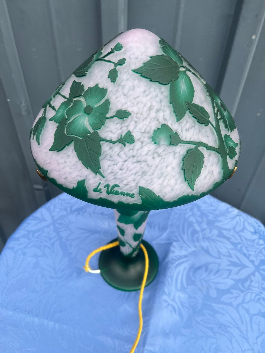 Lampe Champignon, décor floral vert dégagé à l'acide, Vianne, XX S-photo-7