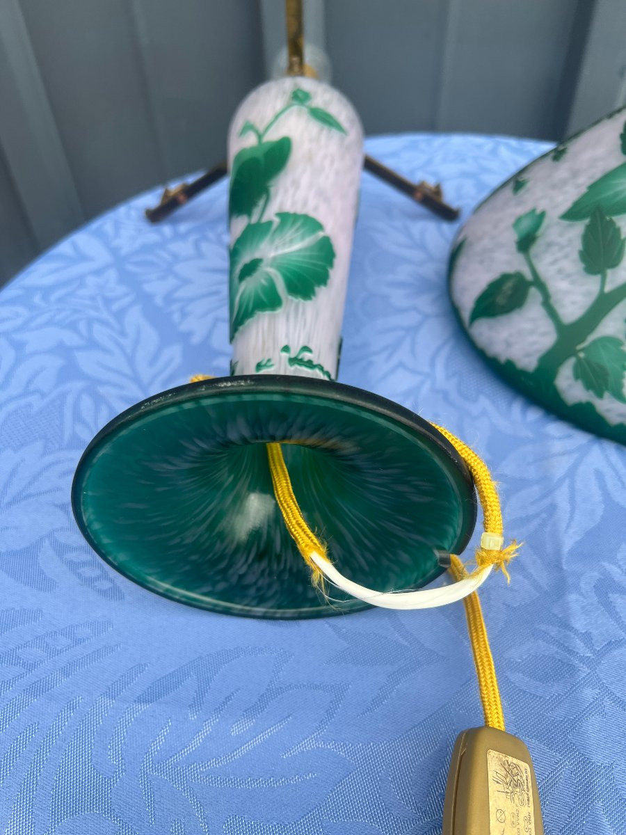 Lampe Champignon, décor floral vert dégagé à l'acide, Vianne, XX S-photo-8