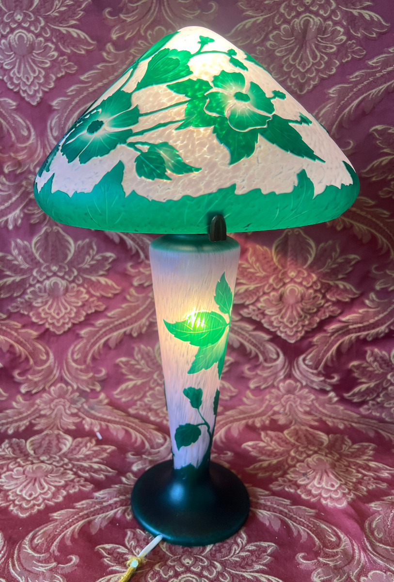Lampe Champignon, décor floral vert dégagé à l'acide, Vianne, XX S