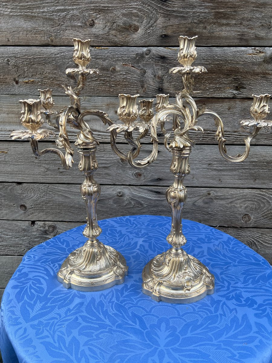 Paire de candélabres en bronze argenté  Style Louis XV-Rocaille , Boin Taburet Paris-photo-2