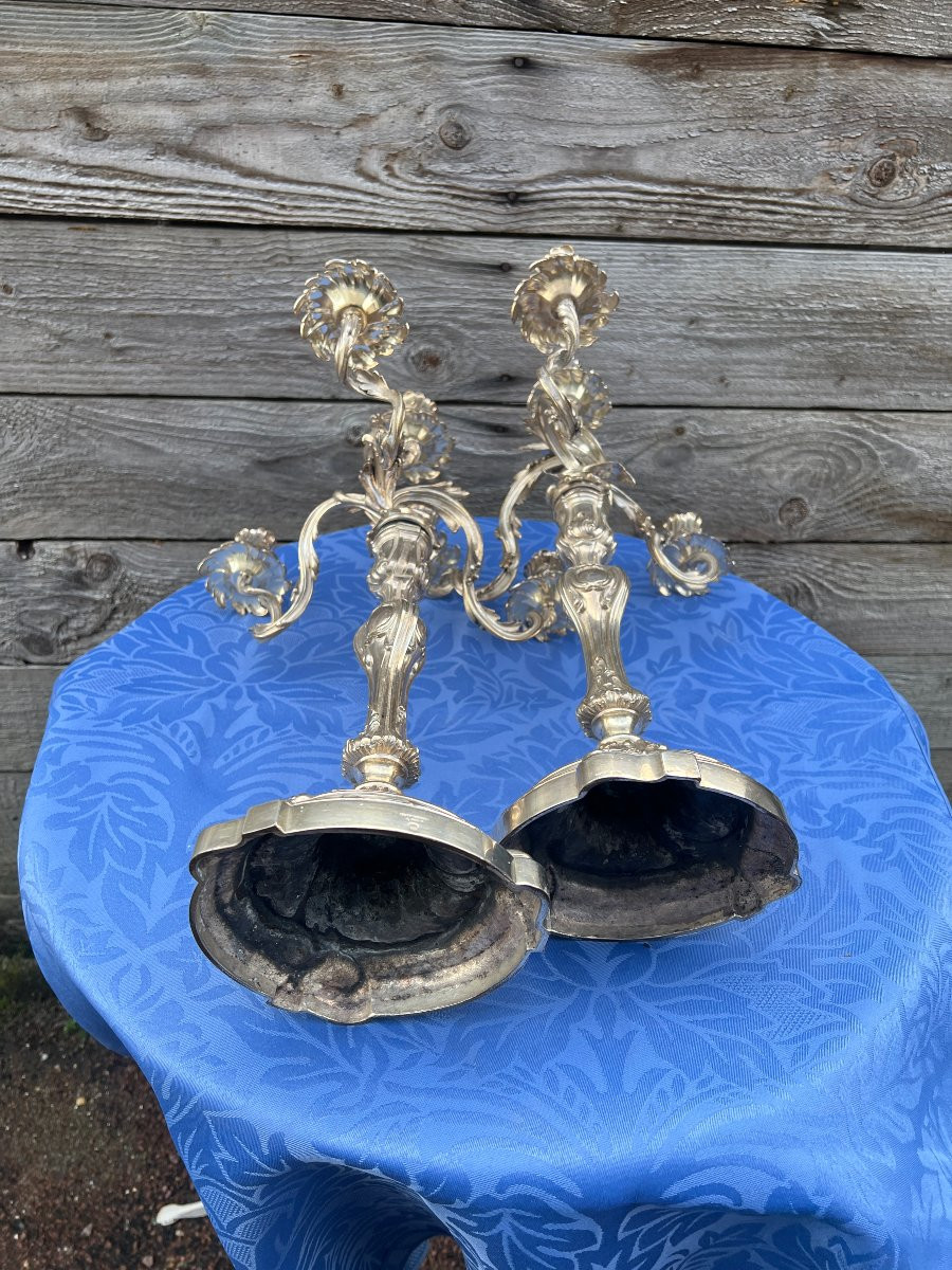 Paire de candélabres en bronze argenté  Style Louis XV-Rocaille , Boin Taburet Paris-photo-3