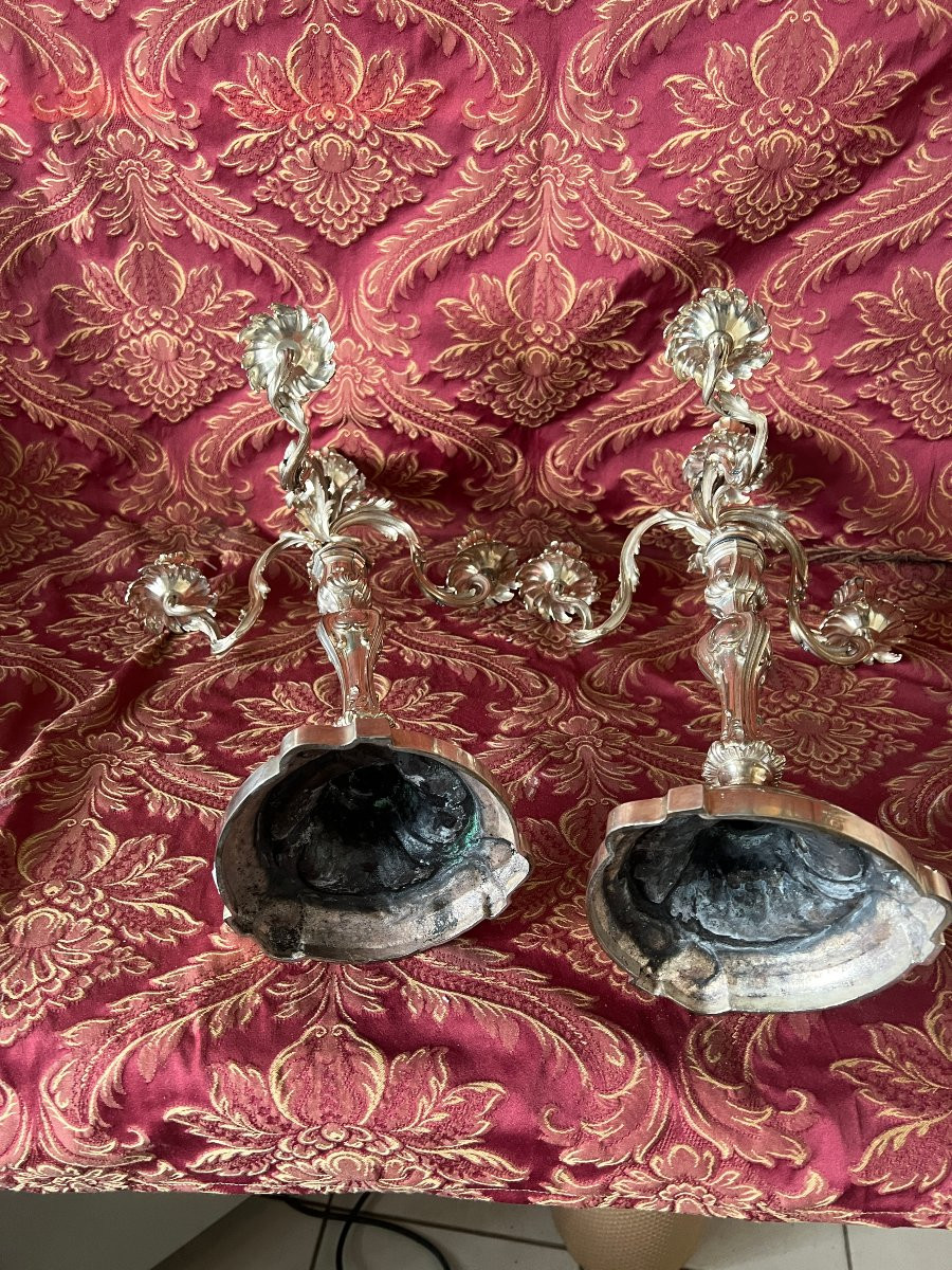 Paire de candélabres en bronze argenté  Style Louis XV-Rocaille , Boin Taburet Paris-photo-4