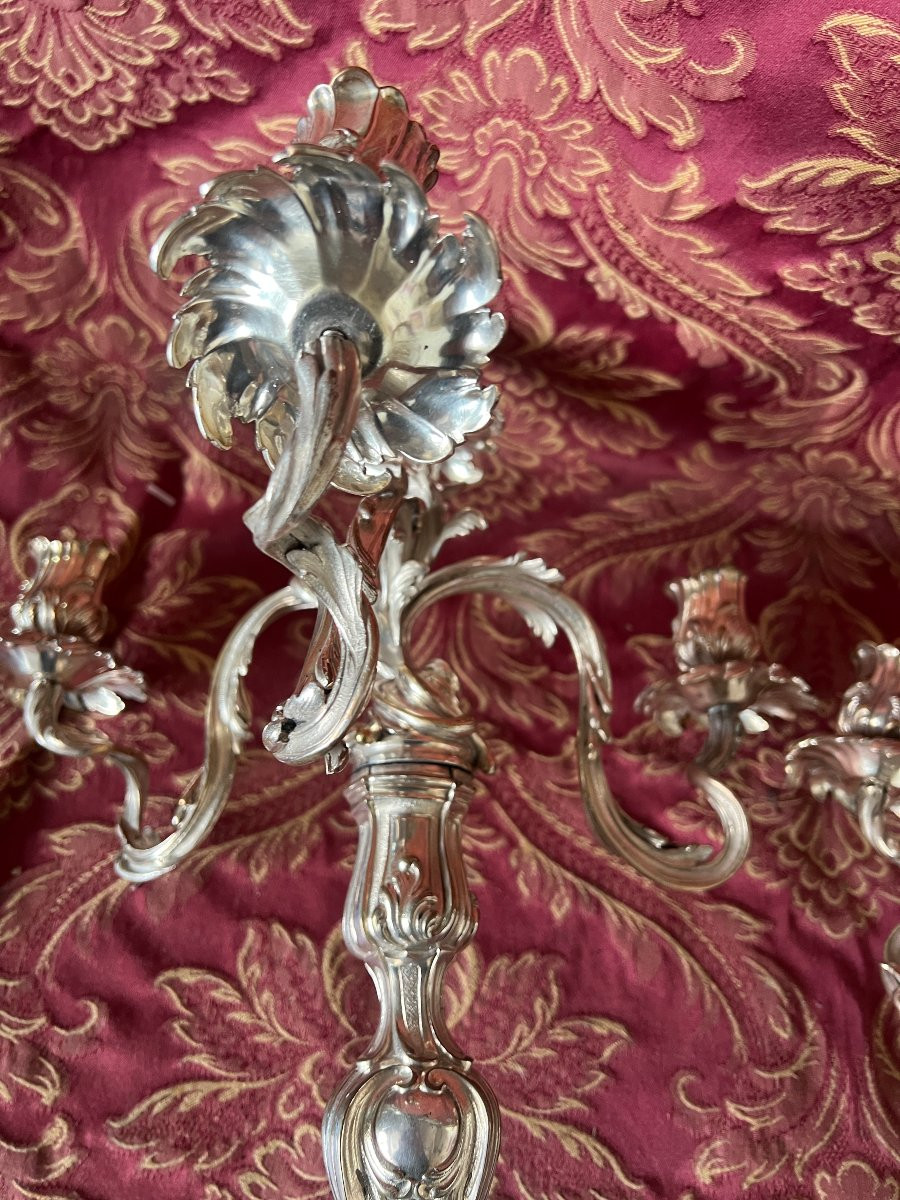 Paire de candélabres en bronze argenté  Style Louis XV-Rocaille , Boin Taburet Paris-photo-5