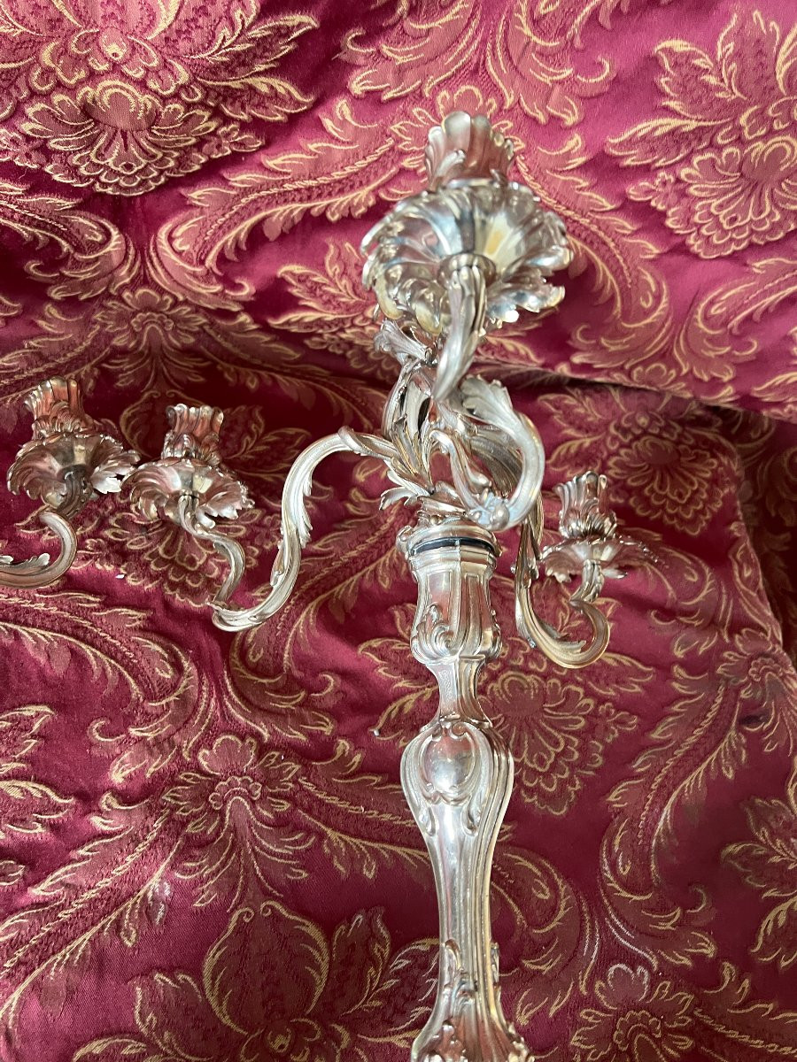 Paire de candélabres en bronze argenté  Style Louis XV-Rocaille , Boin Taburet Paris-photo-6