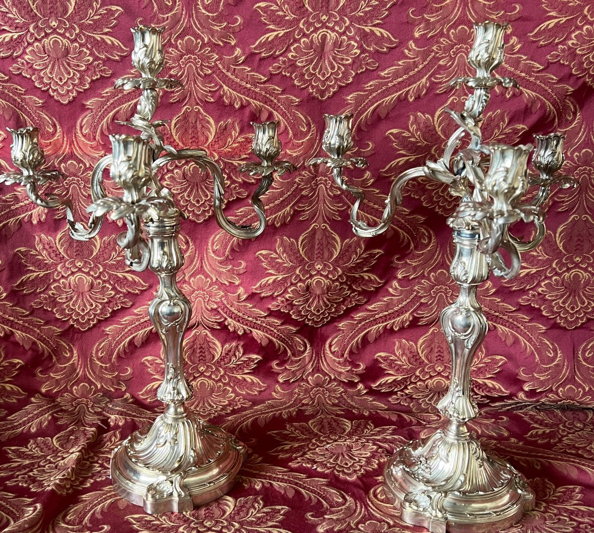 Paire de candélabres en bronze argenté  Style Louis XV-Rocaille , Boin Taburet Paris-photo-7
