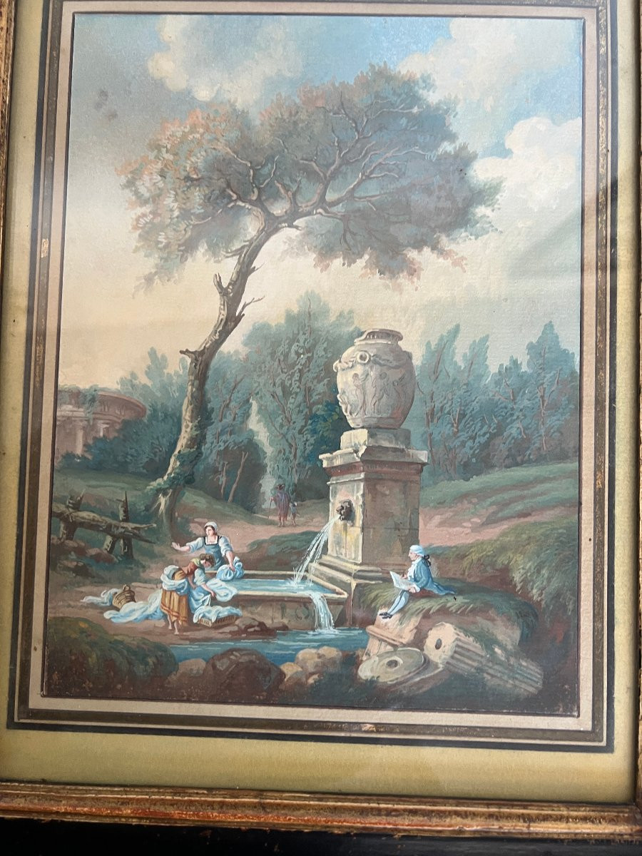 Tableau Gouache Paysage Aux Ruines, animé de personnages.-photo-2