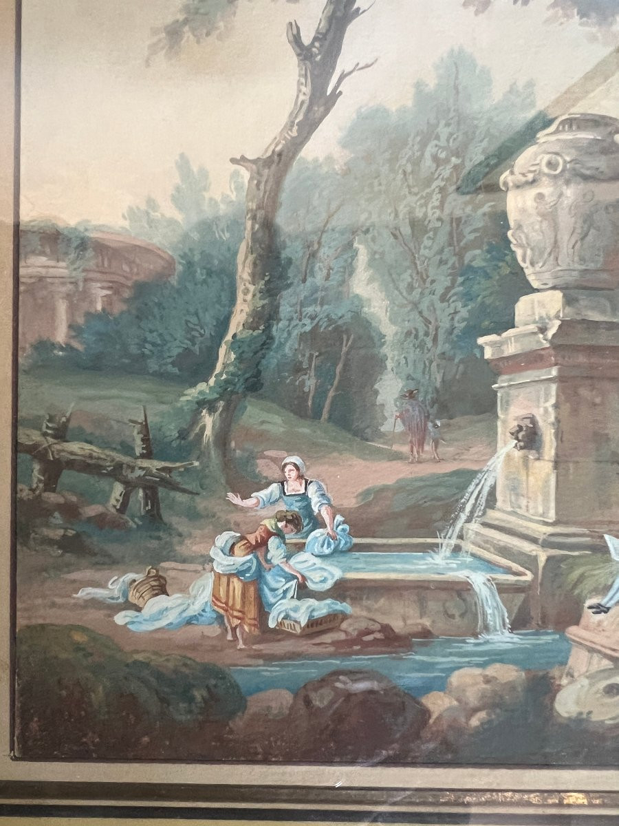 Tableau Gouache Paysage Aux Ruines, animé de personnages.-photo-3