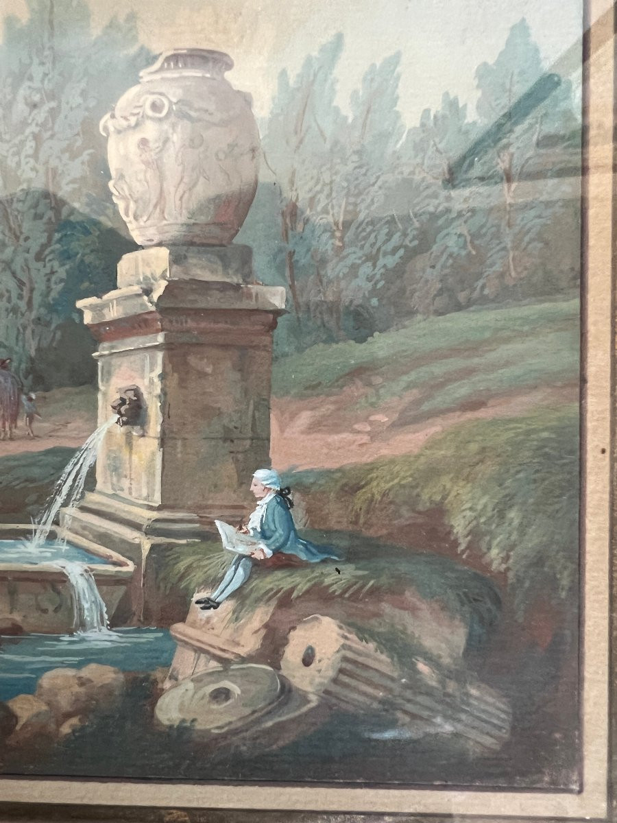 Tableau Gouache Paysage Aux Ruines, animé de personnages.-photo-4