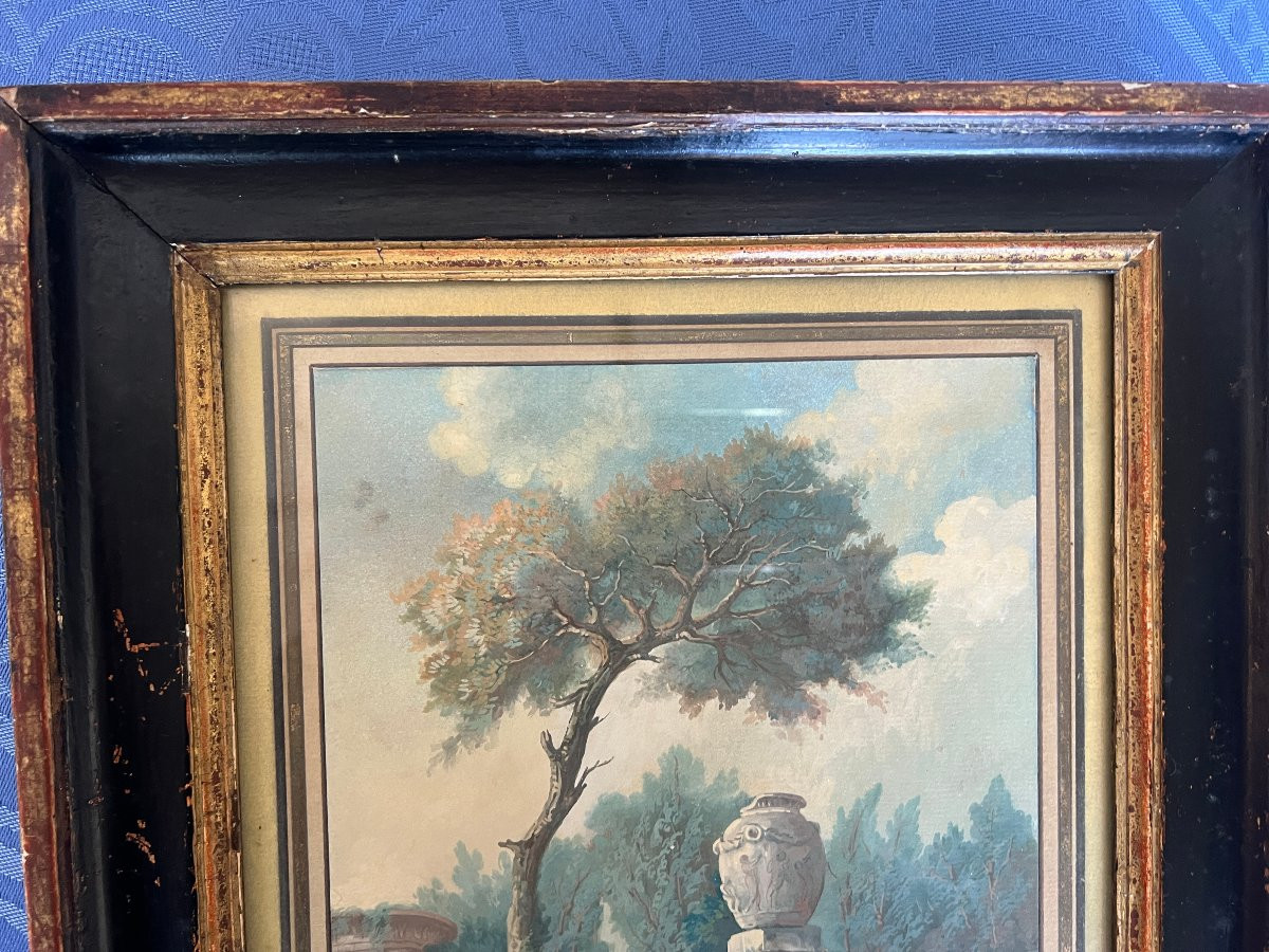 Tableau Gouache Paysage Aux Ruines, animé de personnages.-photo-1