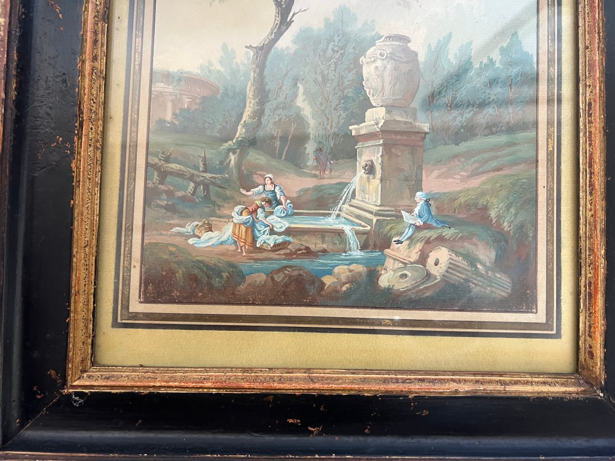 Tableau Gouache Paysage Aux Ruines, animé de personnages.-photo-2