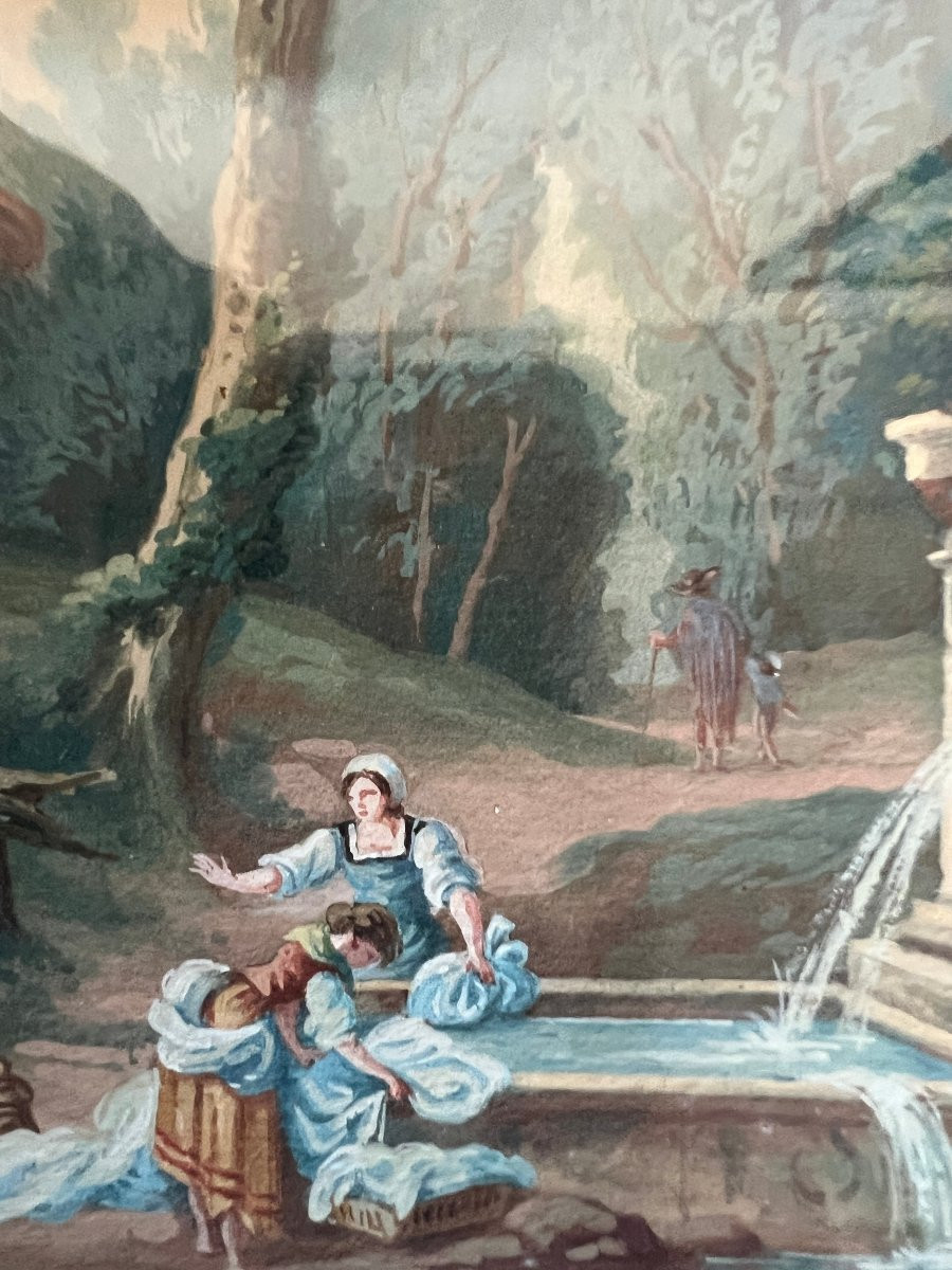 Tableau Gouache Paysage Aux Ruines, animé de personnages.-photo-4