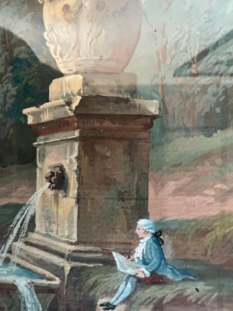 Tableau Gouache Paysage Aux Ruines, animé de personnages.-photo-5