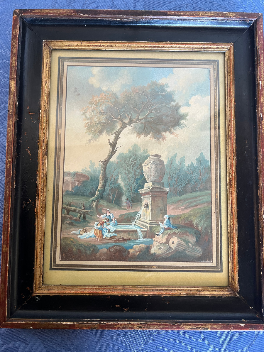 Tableau Gouache Paysage Aux Ruines, animé de personnages.