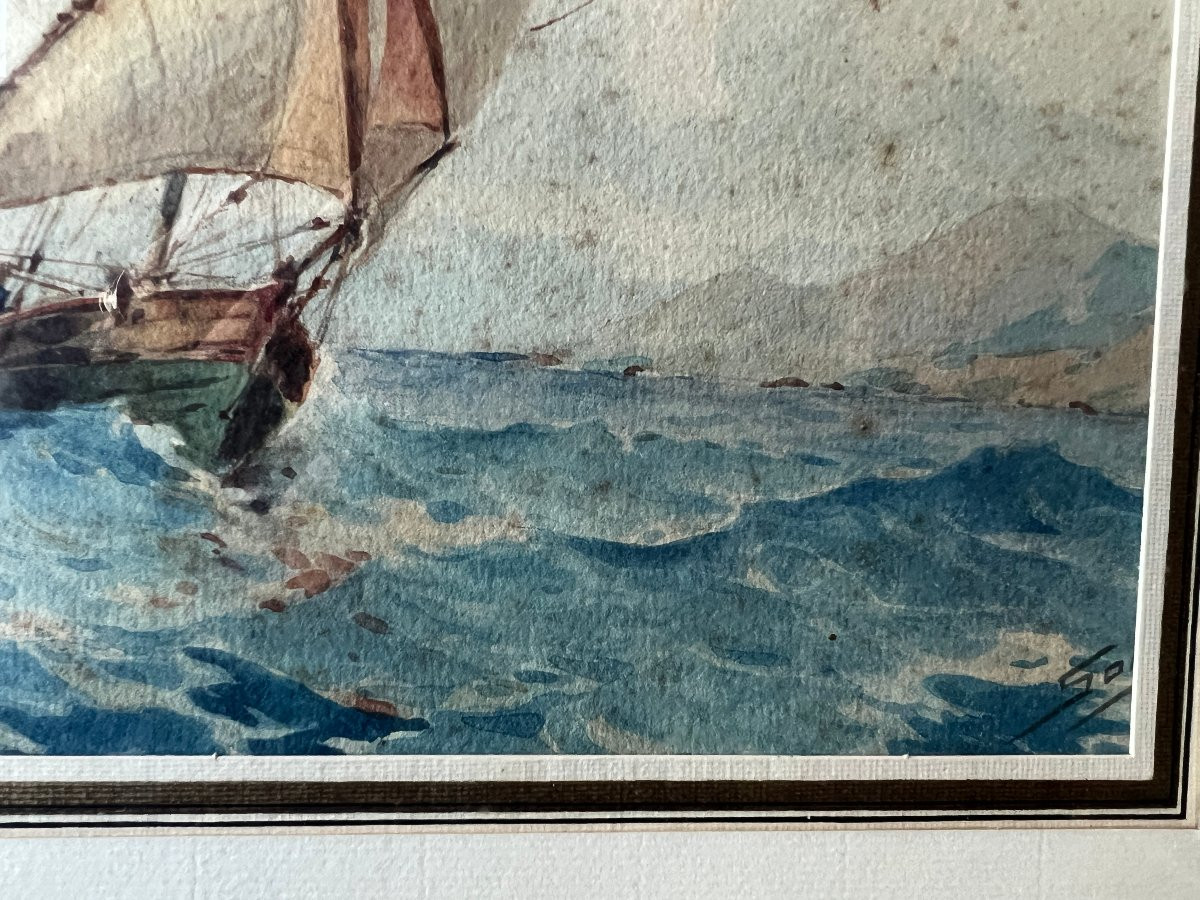 Tableau , Aquarelle Marine Aux Deux Voiliers encadré, sous verre -photo-2