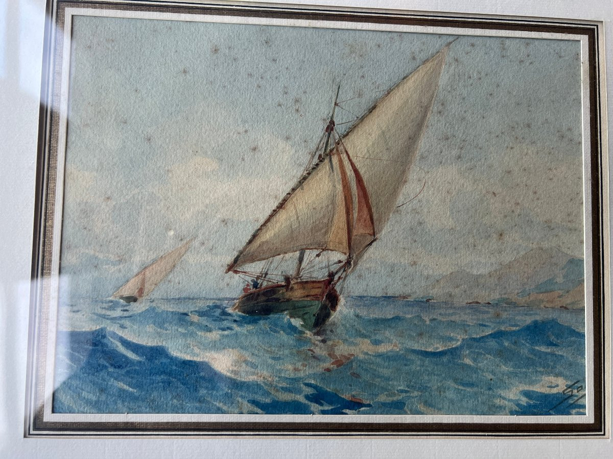 Tableau , Aquarelle Marine Aux Deux Voiliers encadré, sous verre -photo-3
