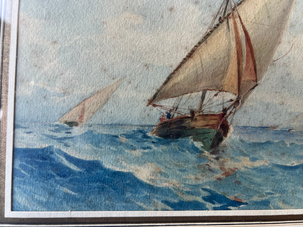 Tableau , Aquarelle Marine Aux Deux Voiliers encadré, sous verre -photo-4