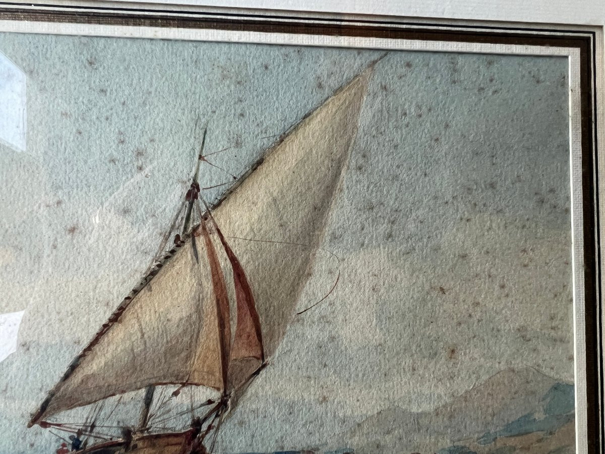 Tableau , Aquarelle Marine Aux Deux Voiliers encadré, sous verre -photo-2