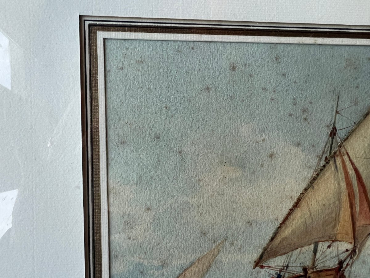 Tableau , Aquarelle Marine Aux Deux Voiliers encadré, sous verre -photo-3