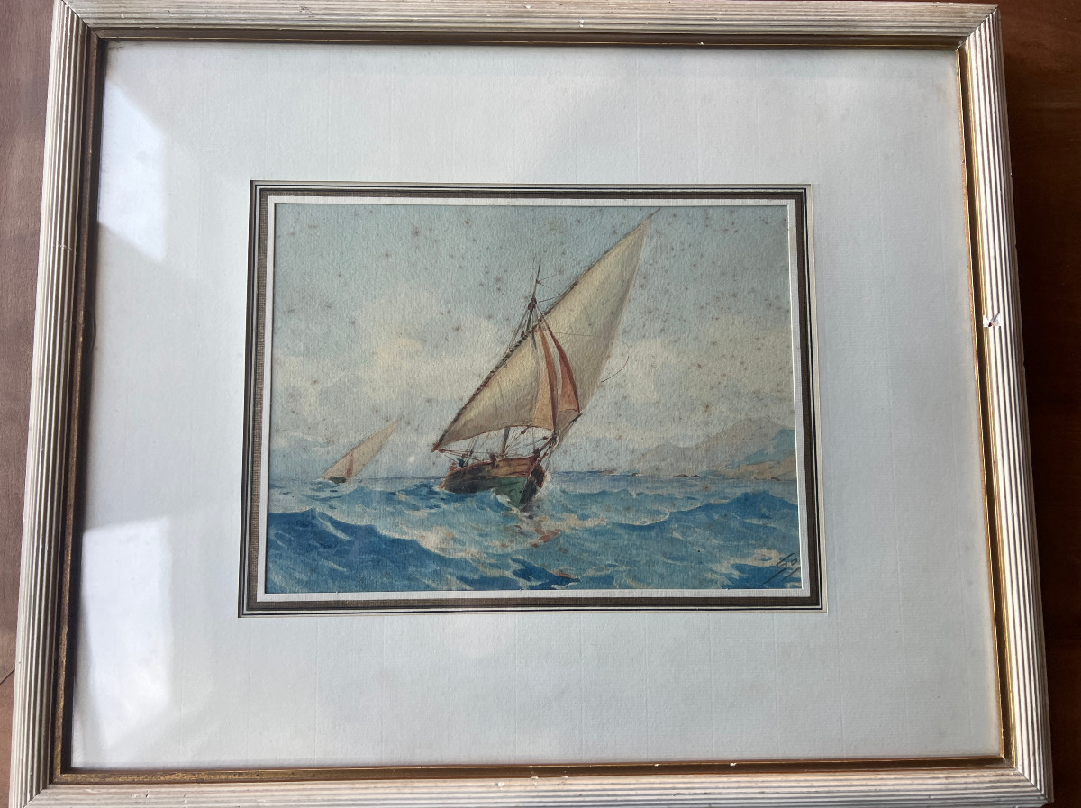 Tableau , Aquarelle Marine Aux Deux Voiliers encadré, sous verre 