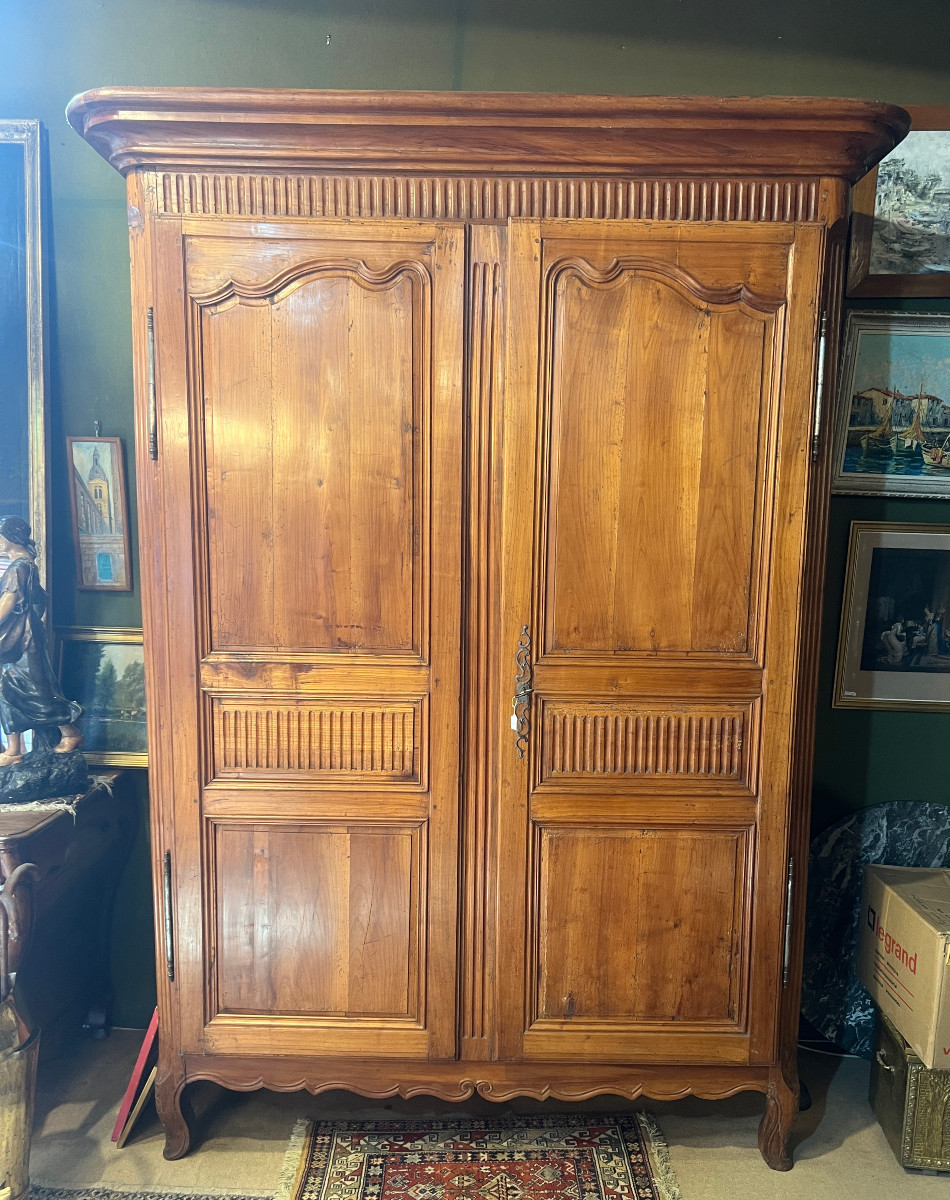 Transitional Style Cherry Wood Linen Wardrobe, 19th Century