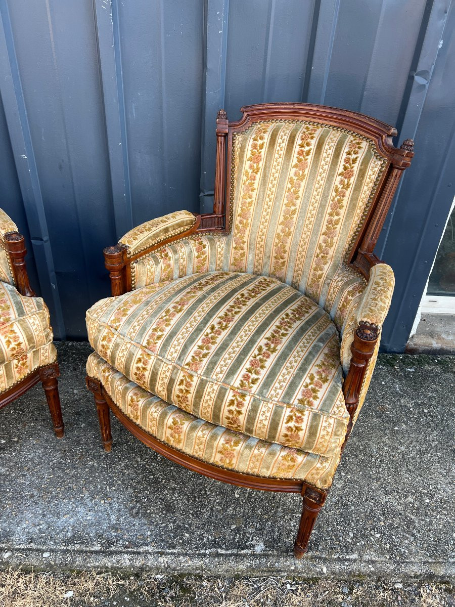 Pair Of Louis XVI Style Bergère Armchairs, Natural Wood-photo-4