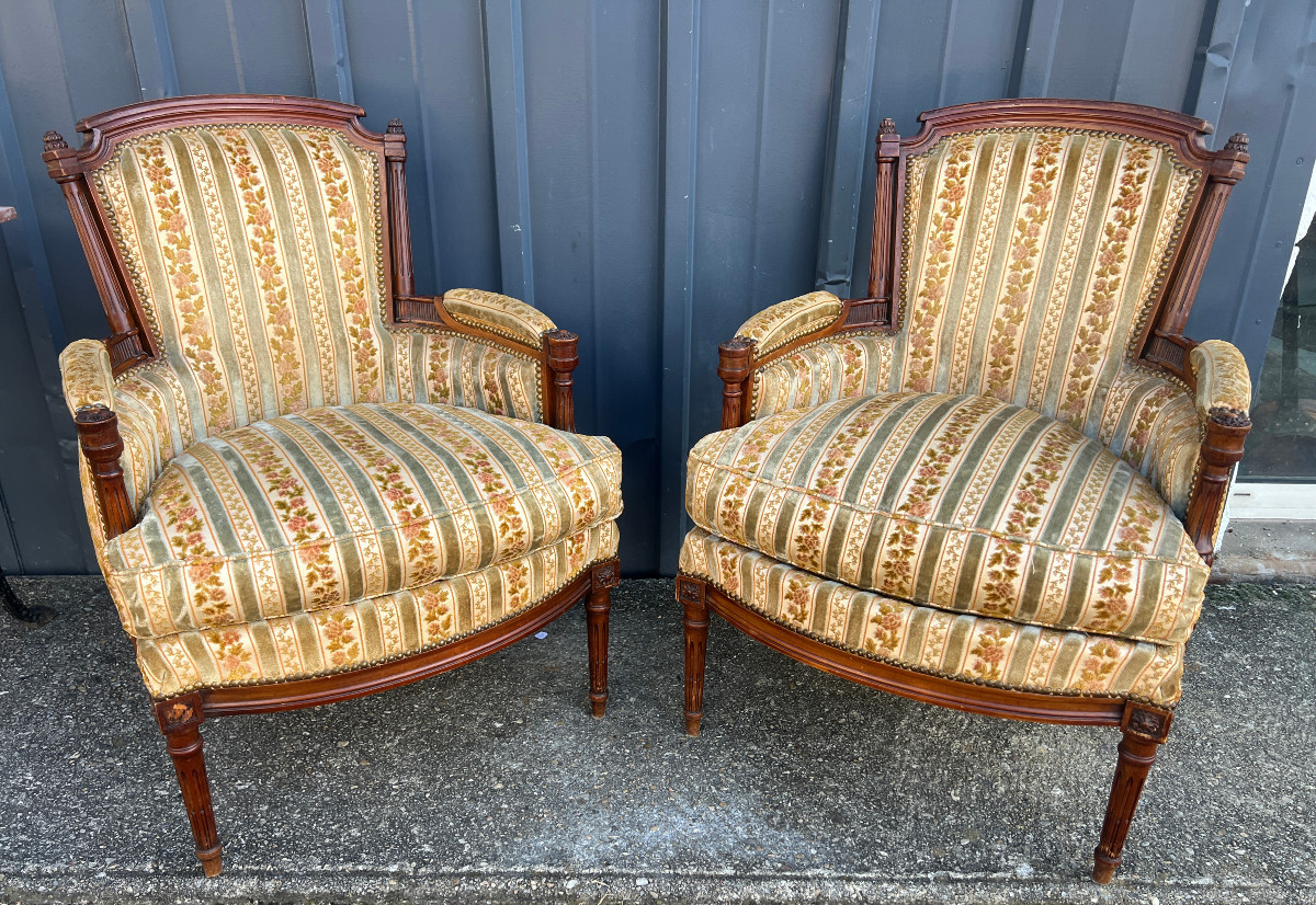 Pair Of Louis XVI Style Bergère Armchairs, Natural Wood
