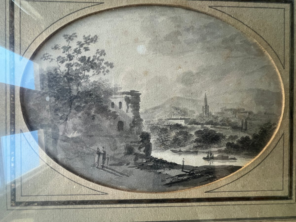 Petit Tableau Paysage de Wissant  , lavis encadré-photo-2