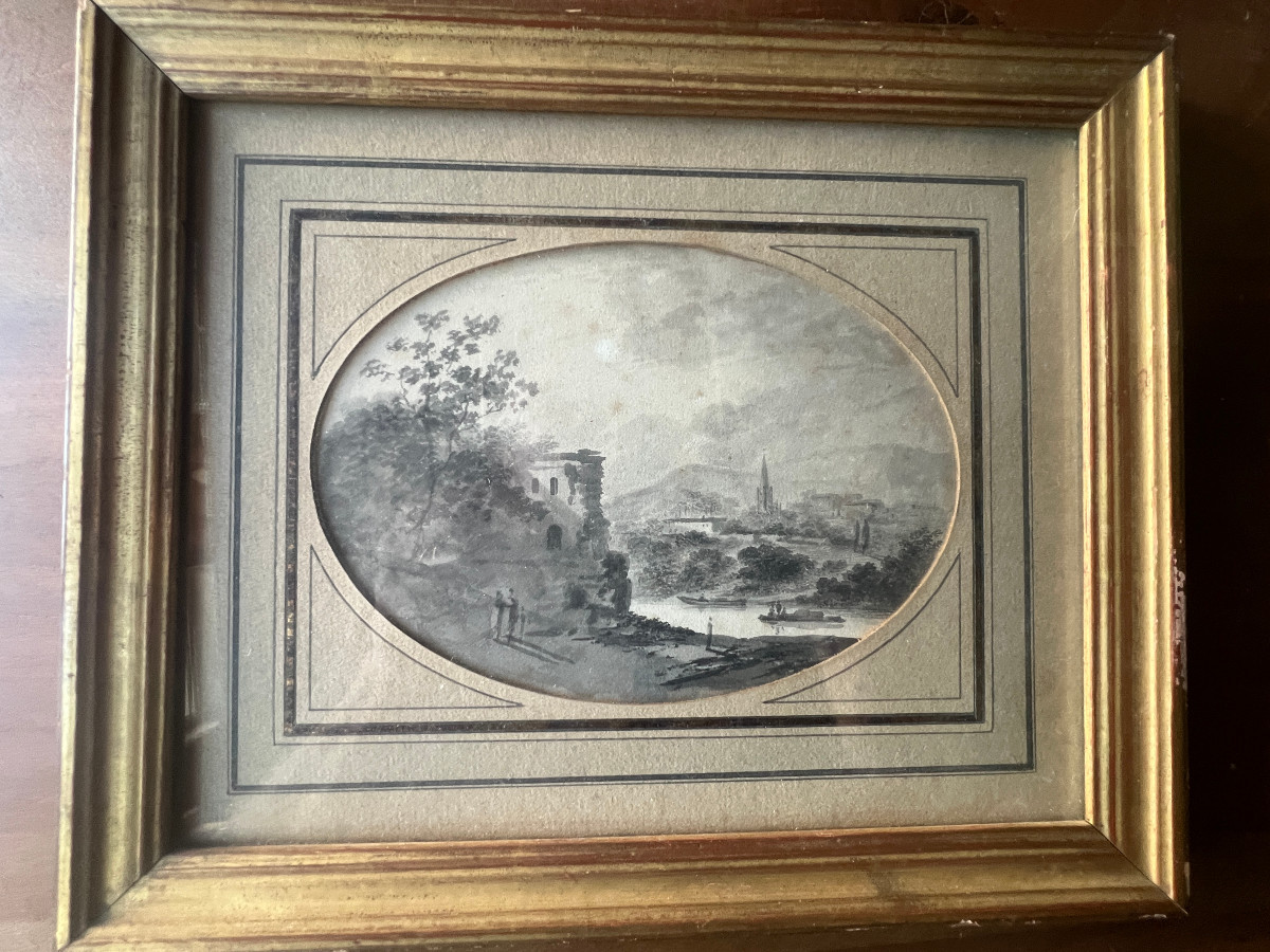 Petit Tableau Paysage de Wissant  , lavis encadré