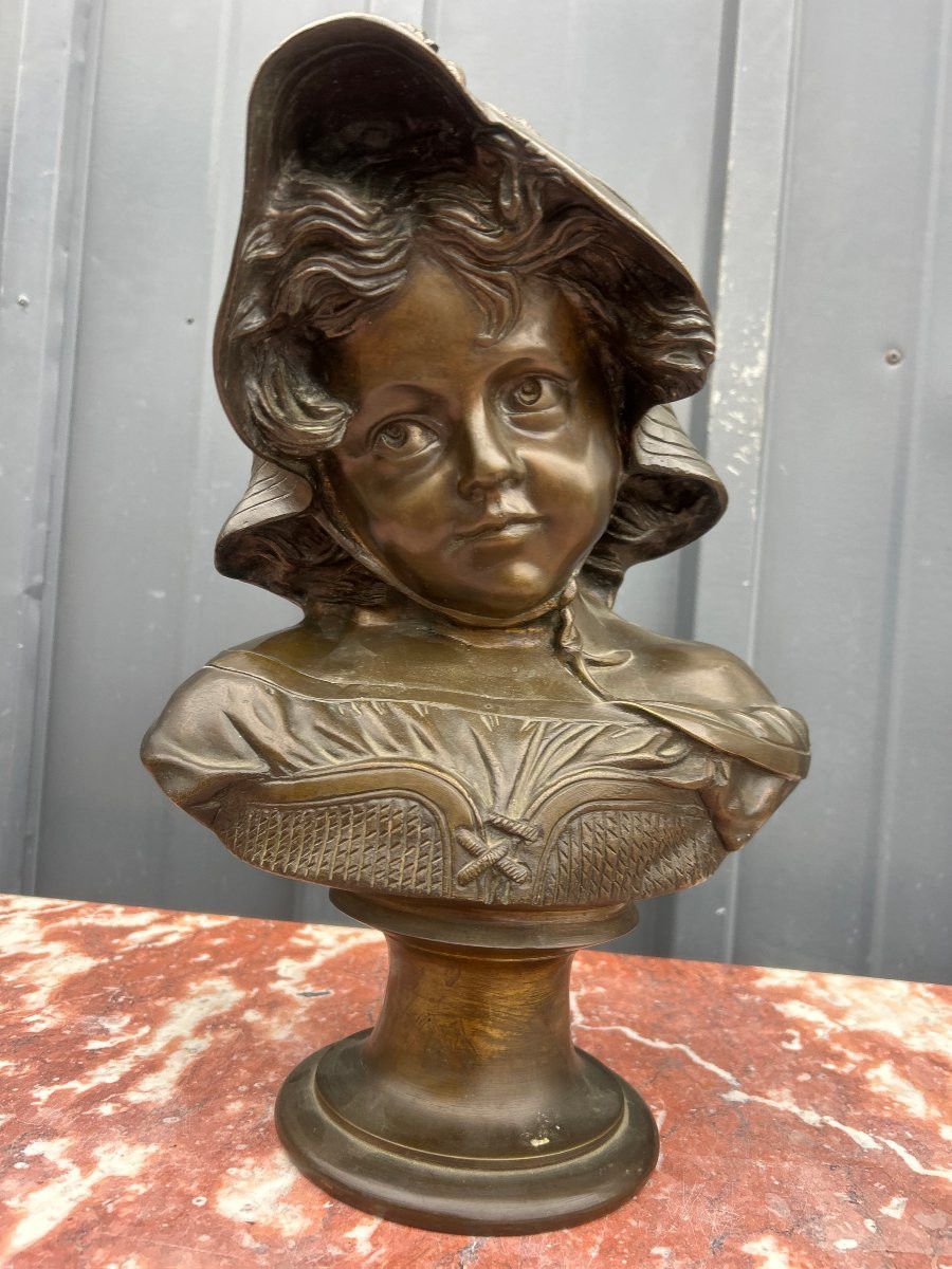 Bust Of A Young Girl With A Hat. Bronze-photo-2