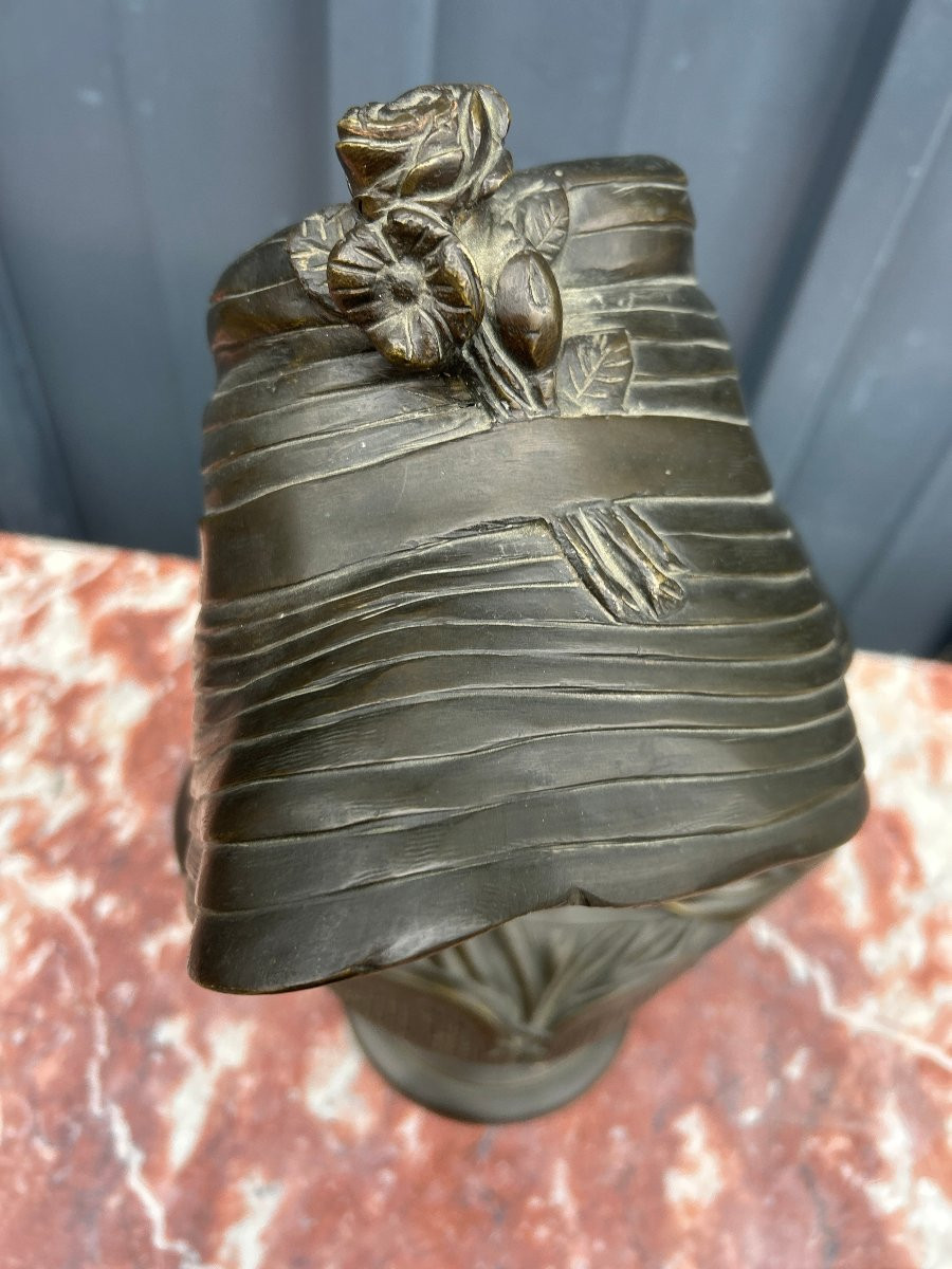 Bust Of A Young Girl With A Hat. Bronze-photo-2