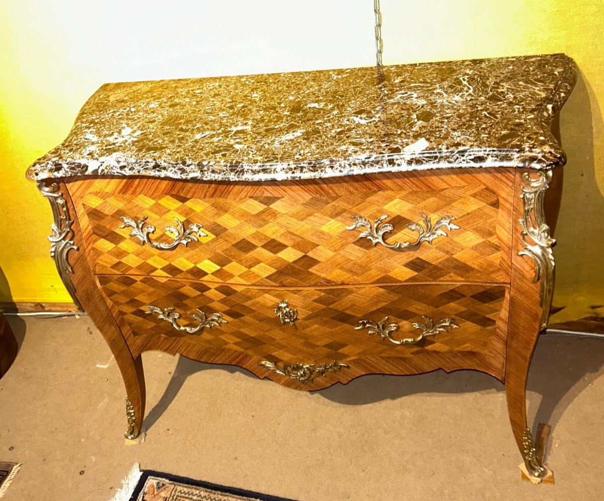 Commode de Style louis XV marquetée deux tiroirs, dessus de marbre, XX Siècle --photo-2