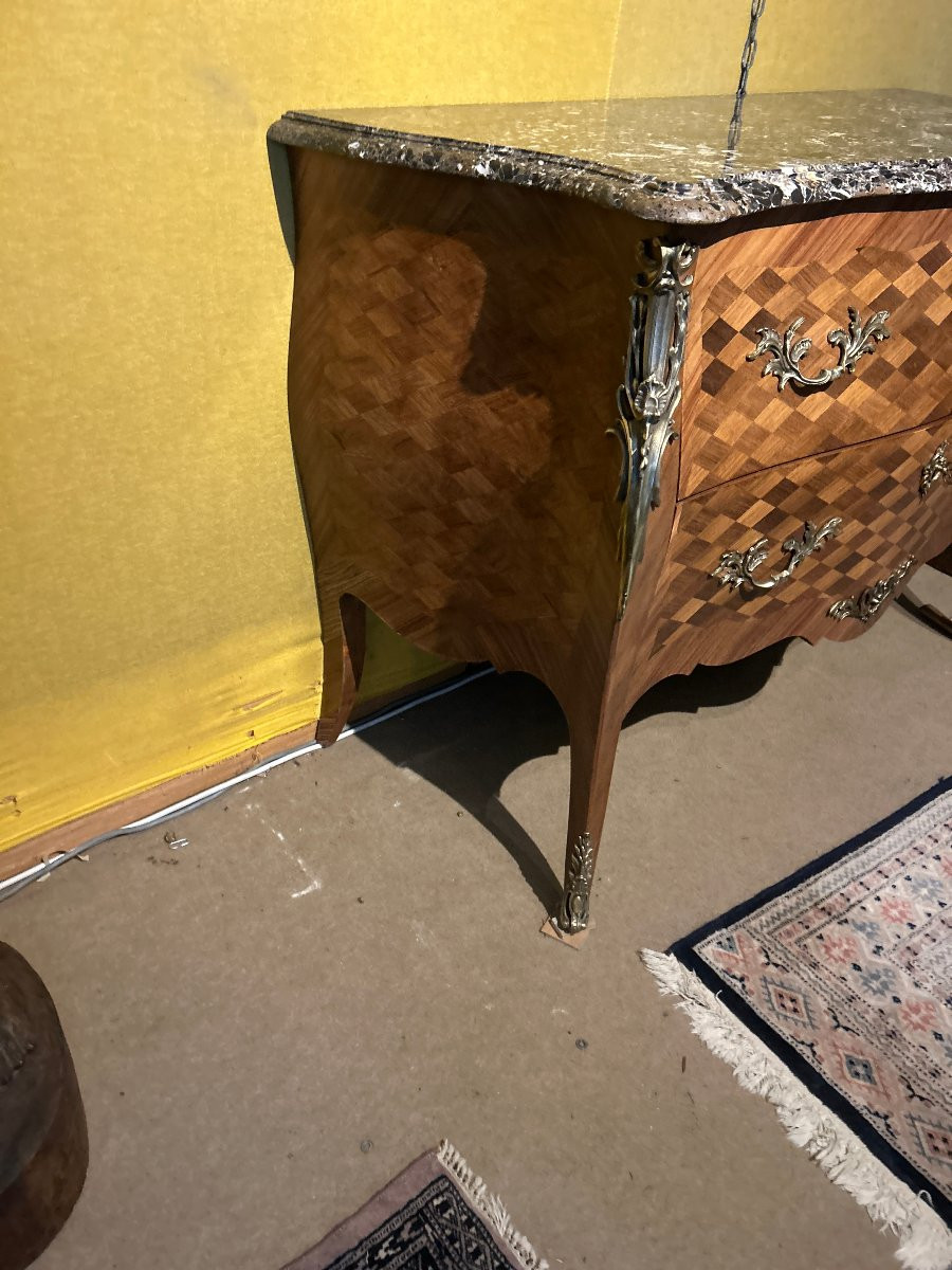 Commode de Style louis XV marquetée deux tiroirs, dessus de marbre, XX Siècle --photo-2