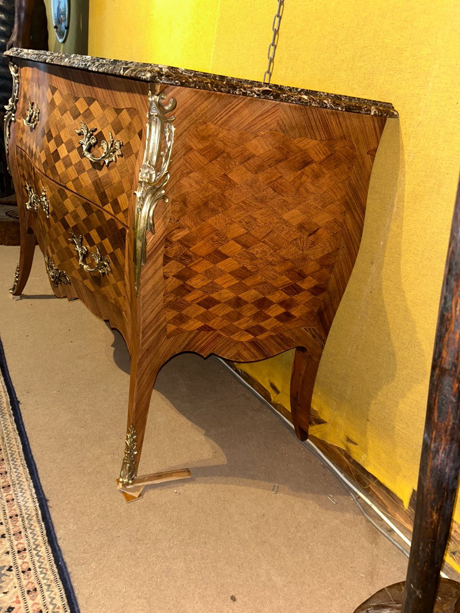 Commode de Style louis XV marquetée deux tiroirs, dessus de marbre, XX Siècle --photo-3