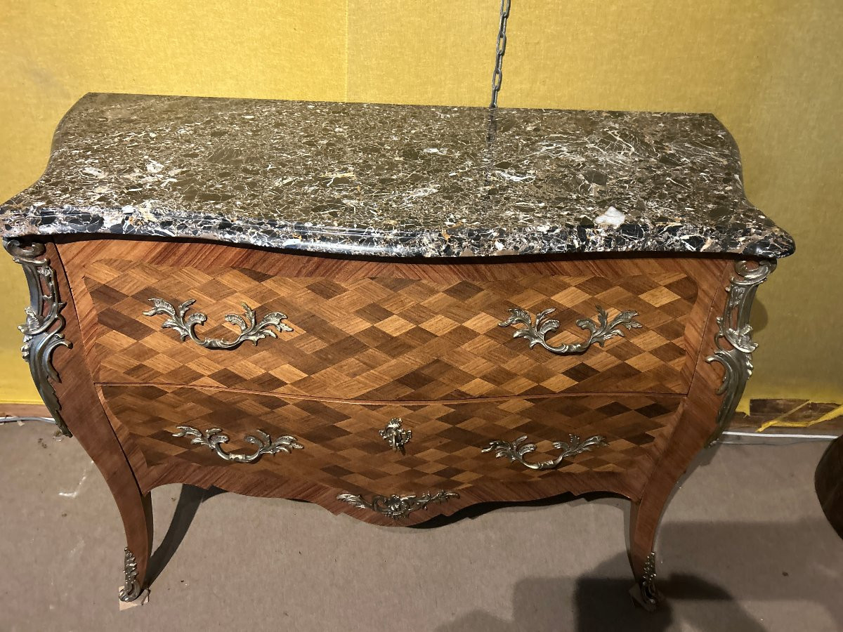 Commode de Style louis XV marquetée deux tiroirs, dessus de marbre, XX Siècle --photo-5