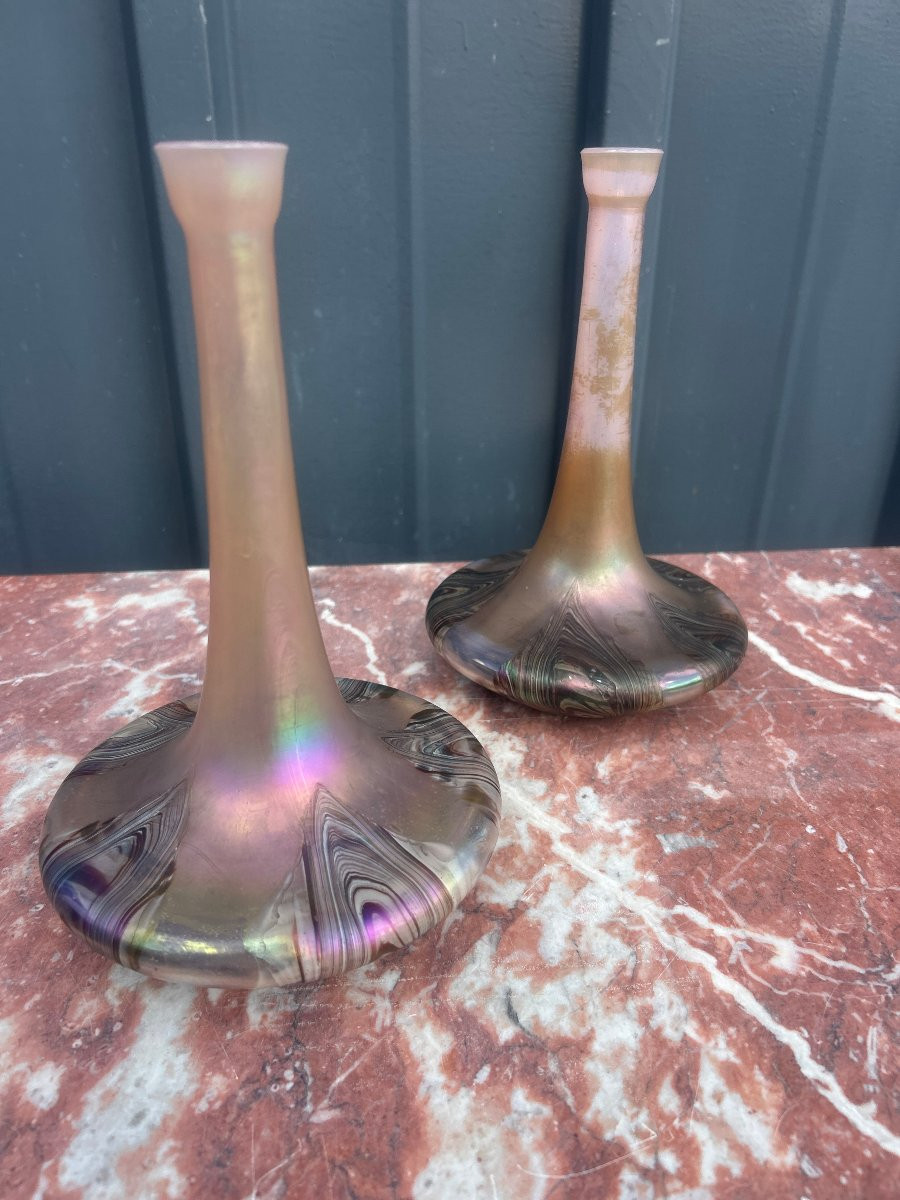 Pair Of Iridescent Glass Vases Attributed To Wilhem Kralik. Art Nouveau Period.-photo-3