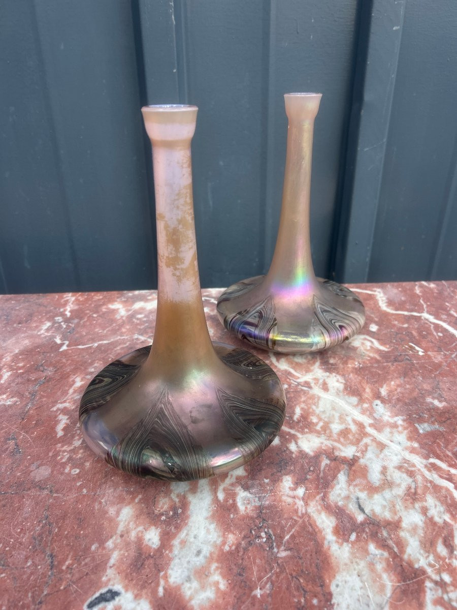 Pair Of Iridescent Glass Vases Attributed To Wilhem Kralik. Art Nouveau Period.-photo-3