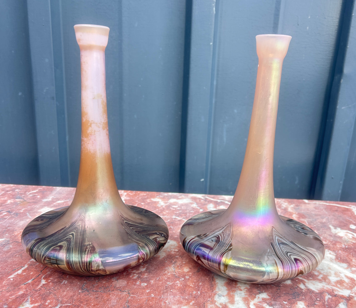 Pair Of Iridescent Glass Vases Attributed To Wilhem Kralik. Art Nouveau Period.