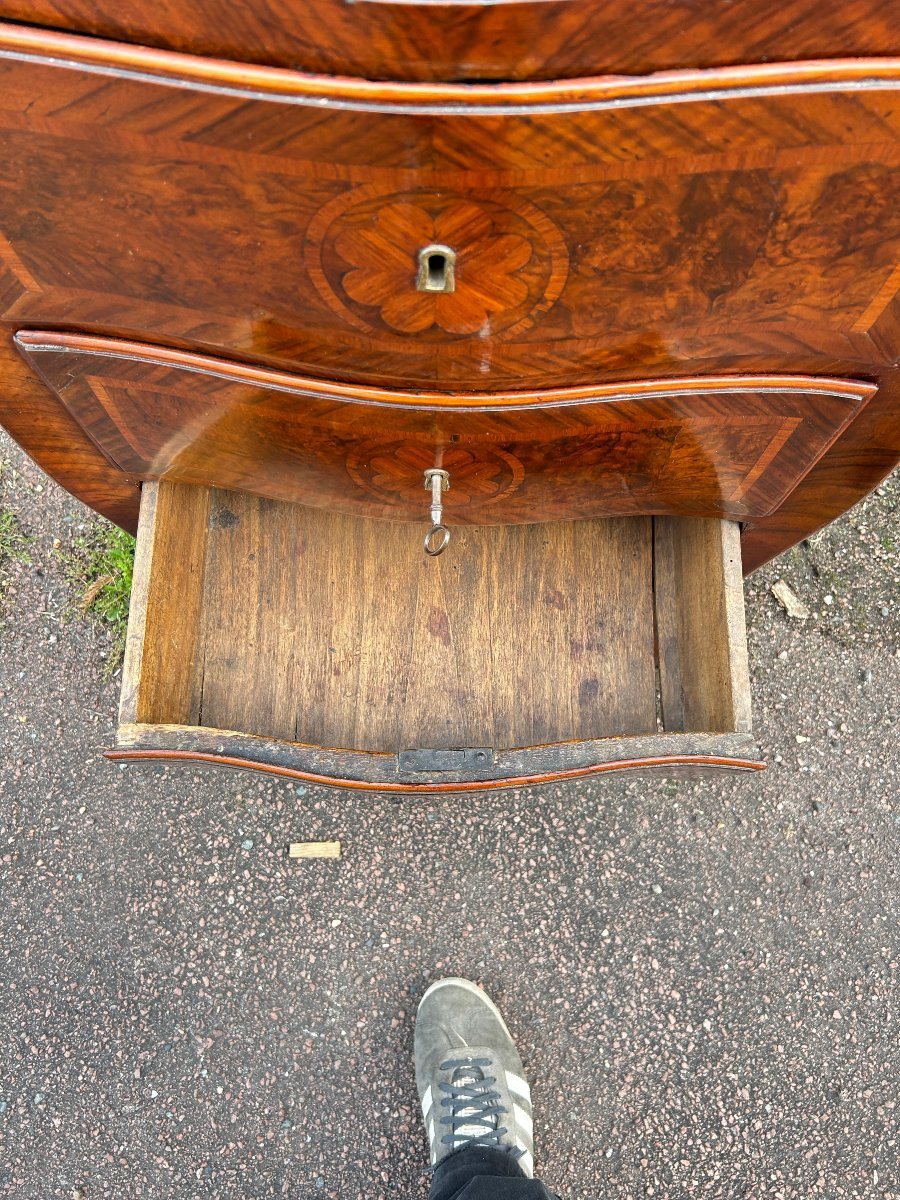 Curved Inlaid Chest Of Drawers, 3 Drawers, Breche Marble Top-photo-3
