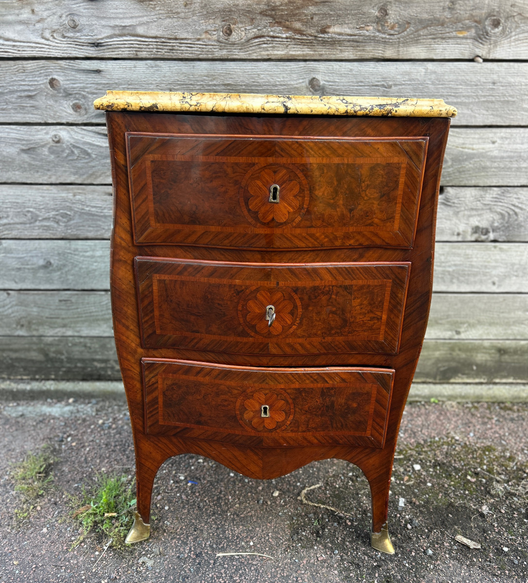 Curved Inlaid Chest Of Drawers, 3 Drawers, Breche Marble Top