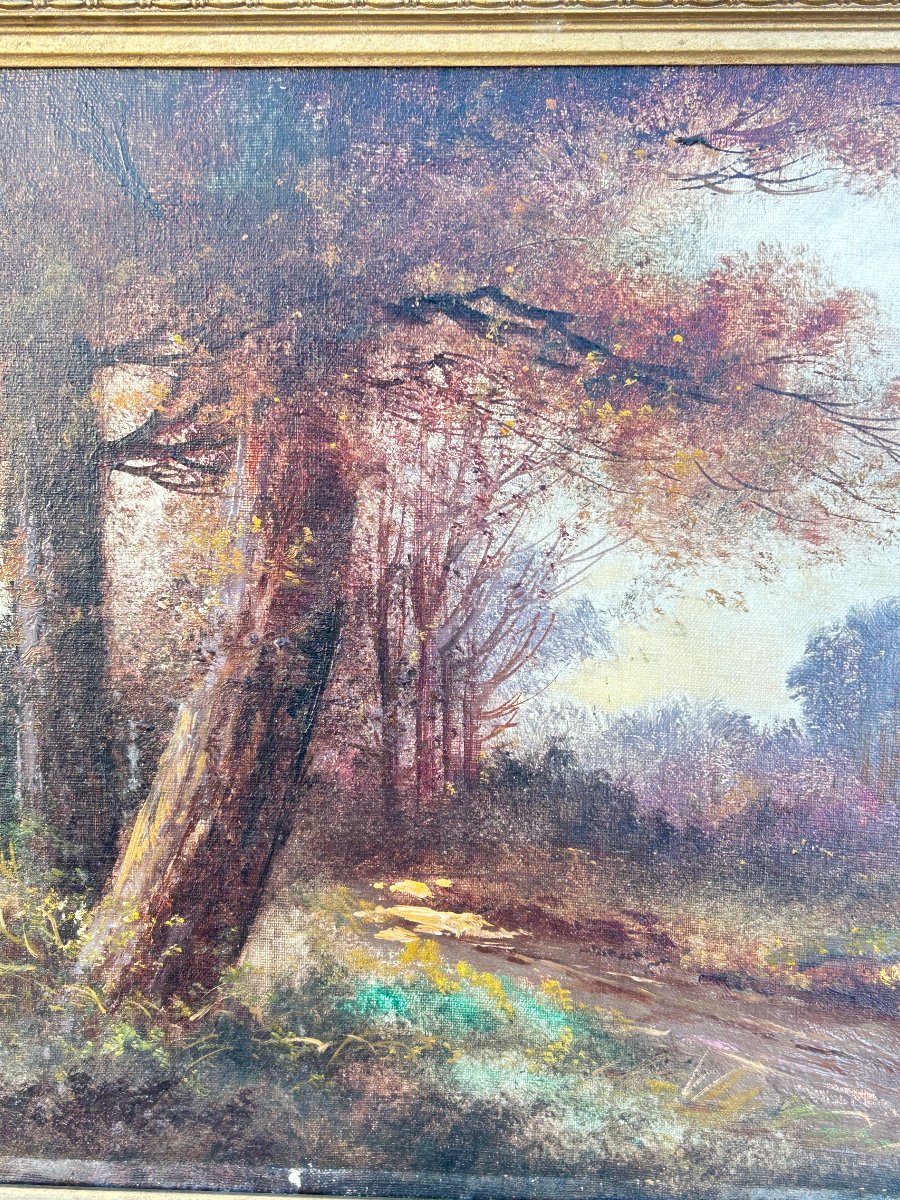 Oil On Canvas: The Path Near A Wood, Landscape Signed L. Lartigau-photo-3