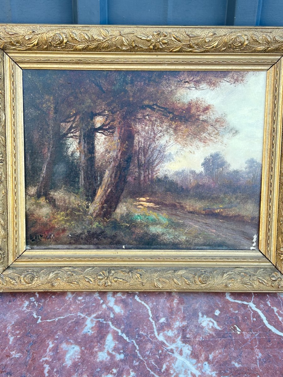 Oil On Canvas: The Path Near A Wood, Landscape Signed L. Lartigau-photo-2