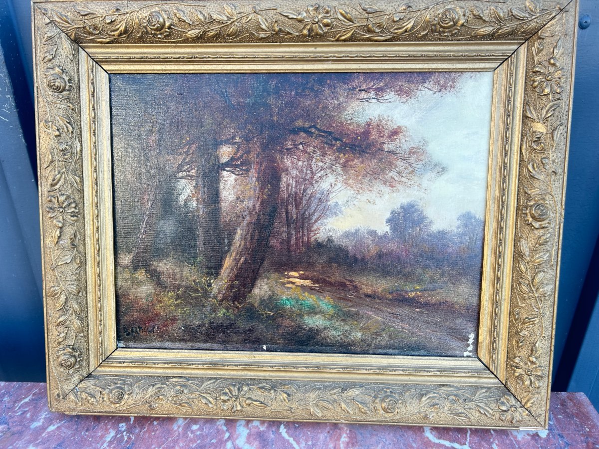 Oil On Canvas: The Path Near A Wood, Landscape Signed L. Lartigau