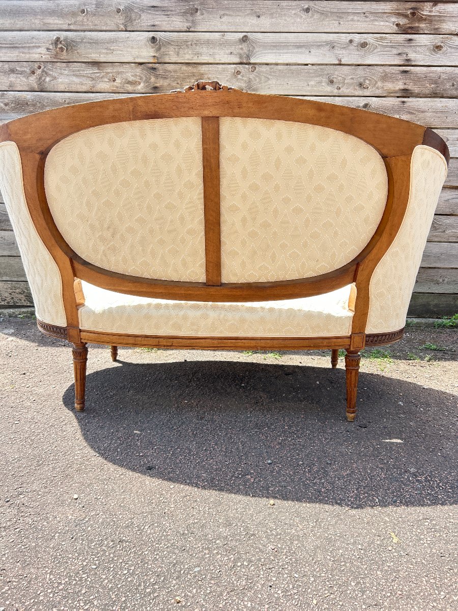 Louis XVI-style Wicker Sofa, Natural Wood, White Fabric -photo-3