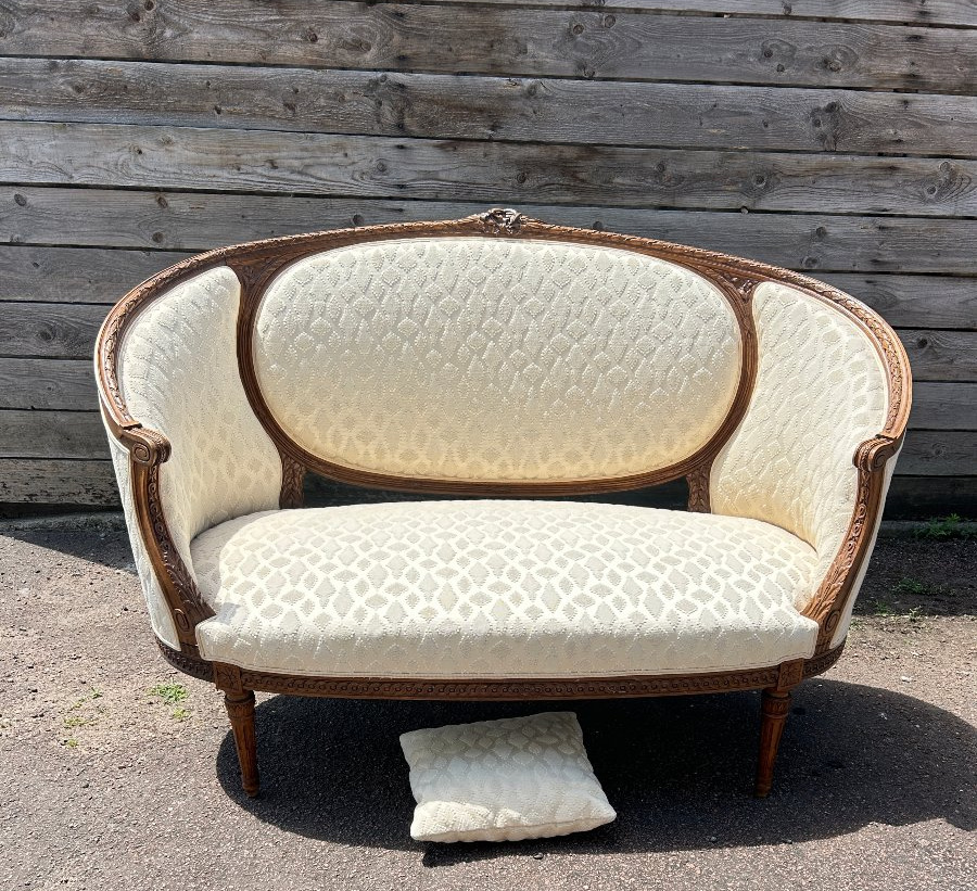 Louis XVI-style Wicker Sofa, Natural Wood, White Fabric 