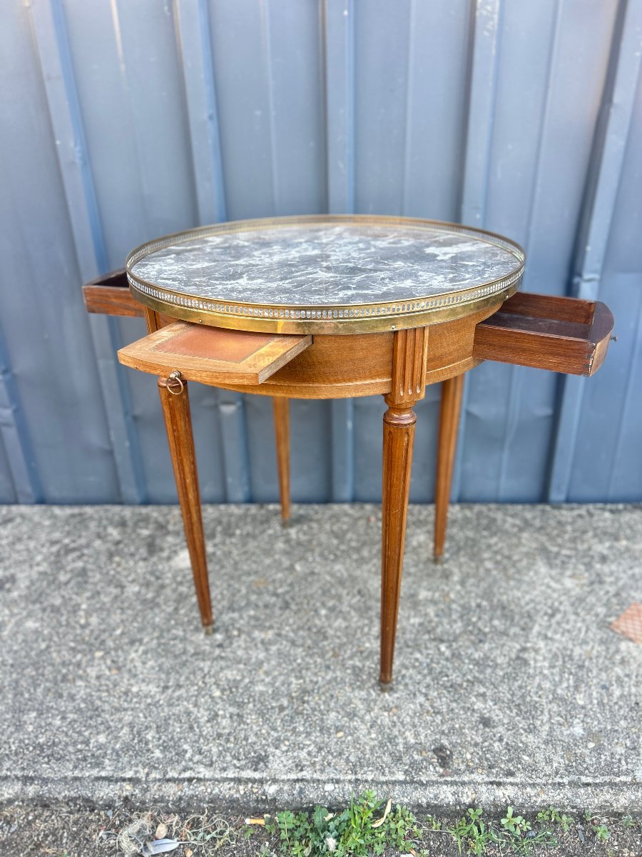 Table bouillotte en acajou, dessus de marbre gris style Louis XVI-photo-2
